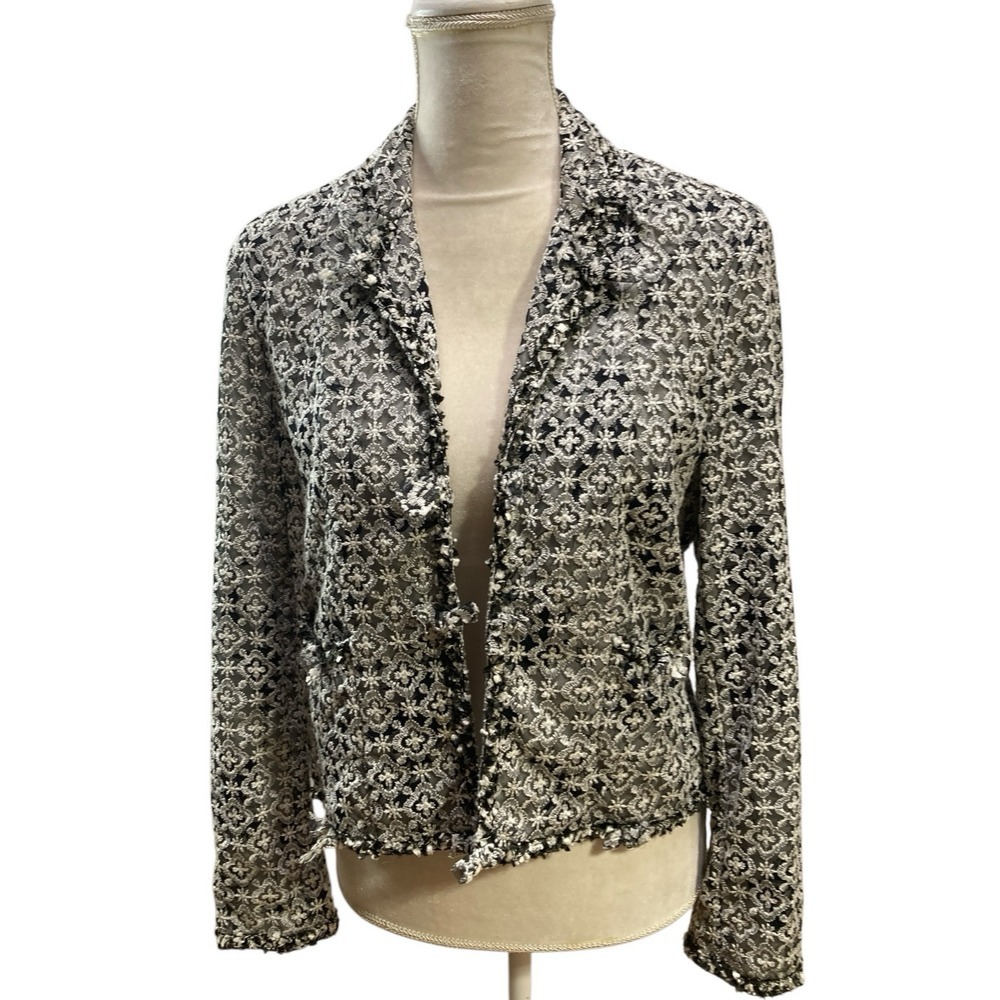 JONES NY Black  & White Lace JACKET with Long Sleeve Sz 12  Trim‎ Lined Blazer